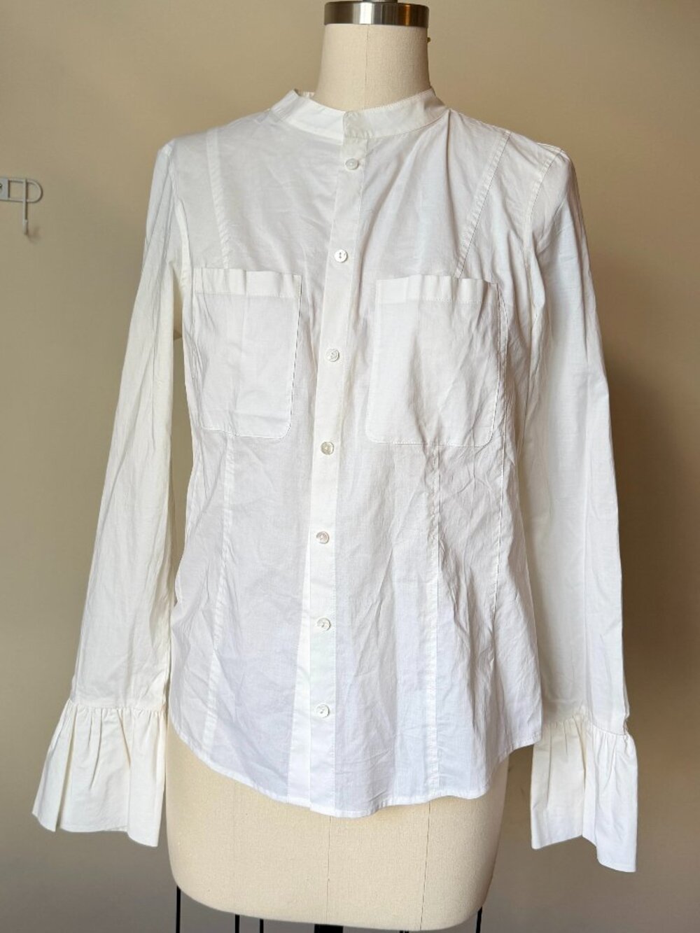 Sundance Ivory White Button Up Top | Cotton Ruffle Cuff Blouse | Band Collar